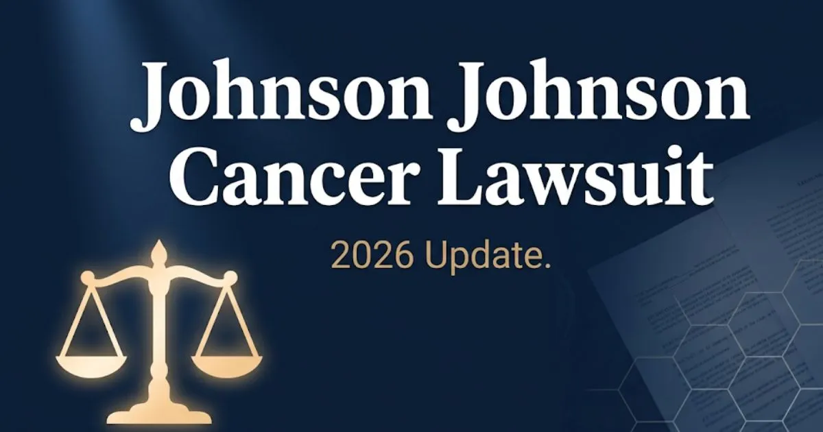 Johnson Johnson cancer lawsuit 2026 hero banner with legal scale icon on navy background