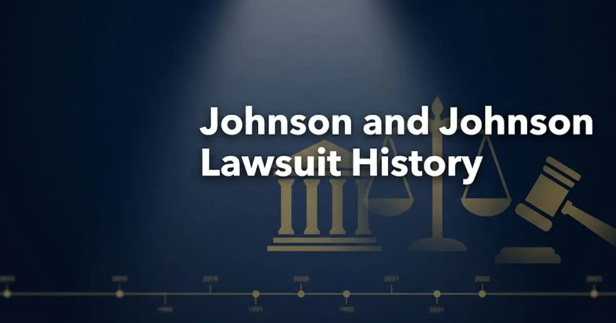 Johnson and Johnson lawsuit history infographic banner with legal symbols, courthouse silhouette, and timeline in navy and gold