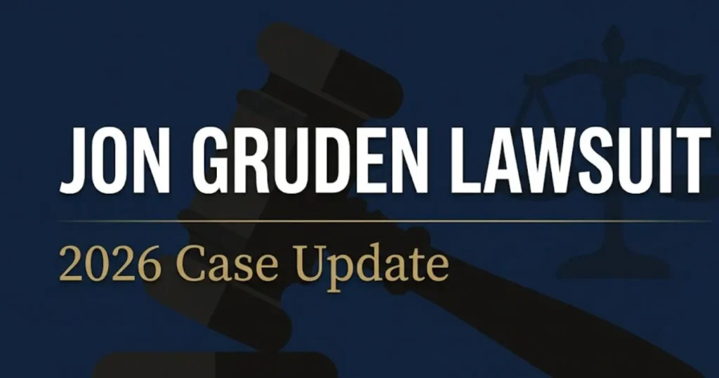 Jon Gruden lawsuit 2026 update banner with gavel silhouette and legal case facts in navy and gold