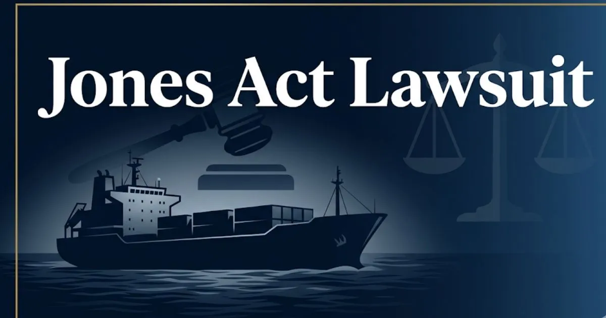 Jones Act lawsuit guide banner with vessel silhouette and legal symbols on navy background