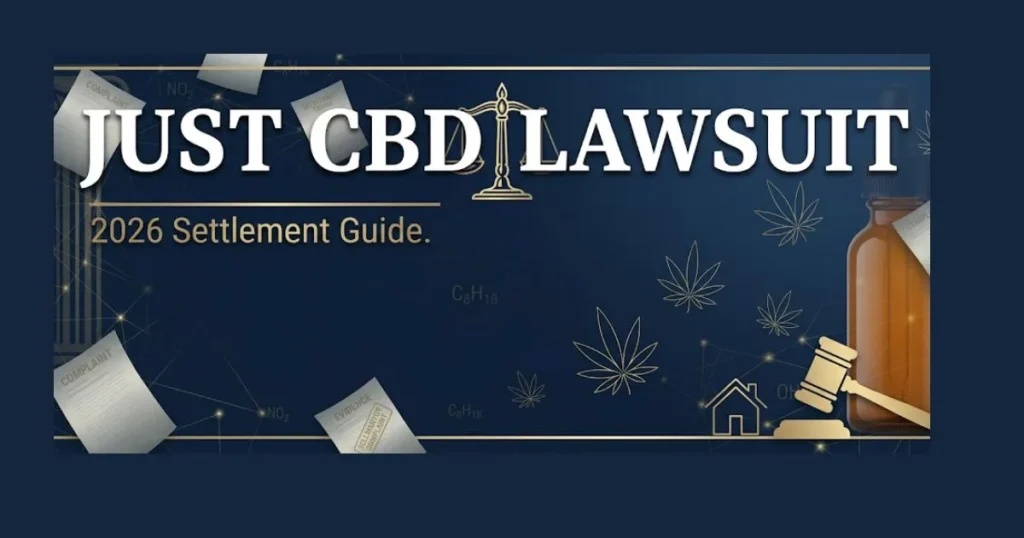 Just CBD lawsuit 2026 blog banner with legal symbols and settlement guide headline
