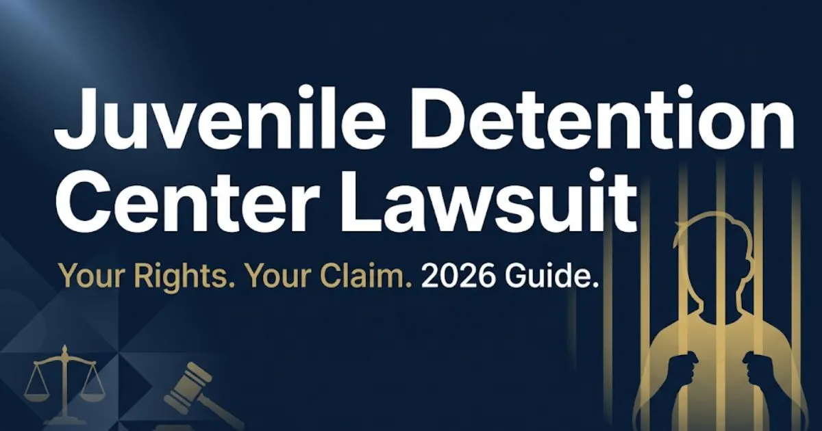 Juvenile detention center lawsuit guide 2026 banner with legal scale and youth silhouette on navy background