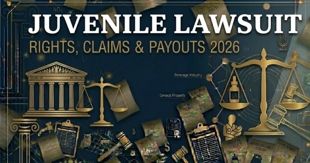 Juvenile lawsuit guide hero banner with gavel silhouette, scales of justice, and bold legal headline for 2026