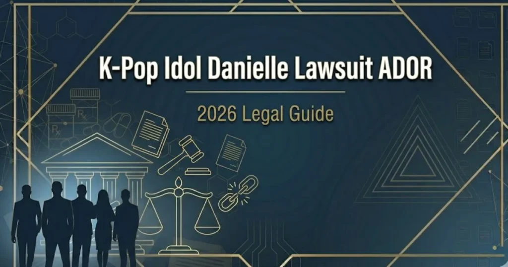 K-pop idol Danielle lawsuit ADOR 2026 legal guide banner with gavel and silhouettes on navy background