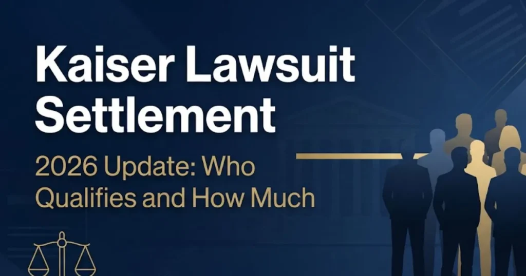 Kaiser lawsuit settlement 2026 hero banner showing legal scales, claimant silhouettes, and settlement headline text on navy background