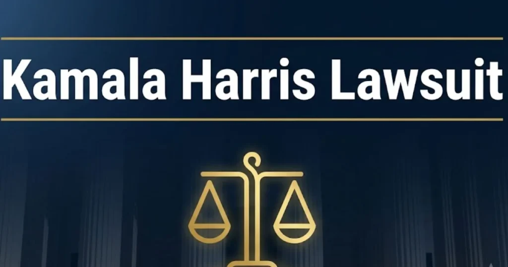 Kamala Harris lawsuit legal guide 2026 blog banner with scales of justice icon on navy background