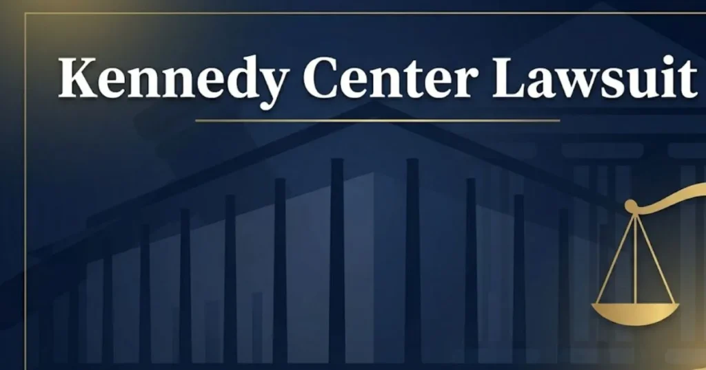 Kennedy Center lawsuit 2026 legal overview banner with scale of justice and performing arts hall silhouette