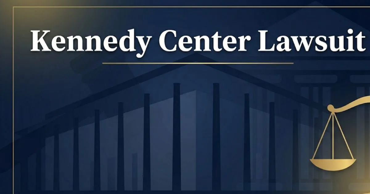 Kennedy Center lawsuit 2026 legal overview banner with scale of justice and performing arts hall silhouette