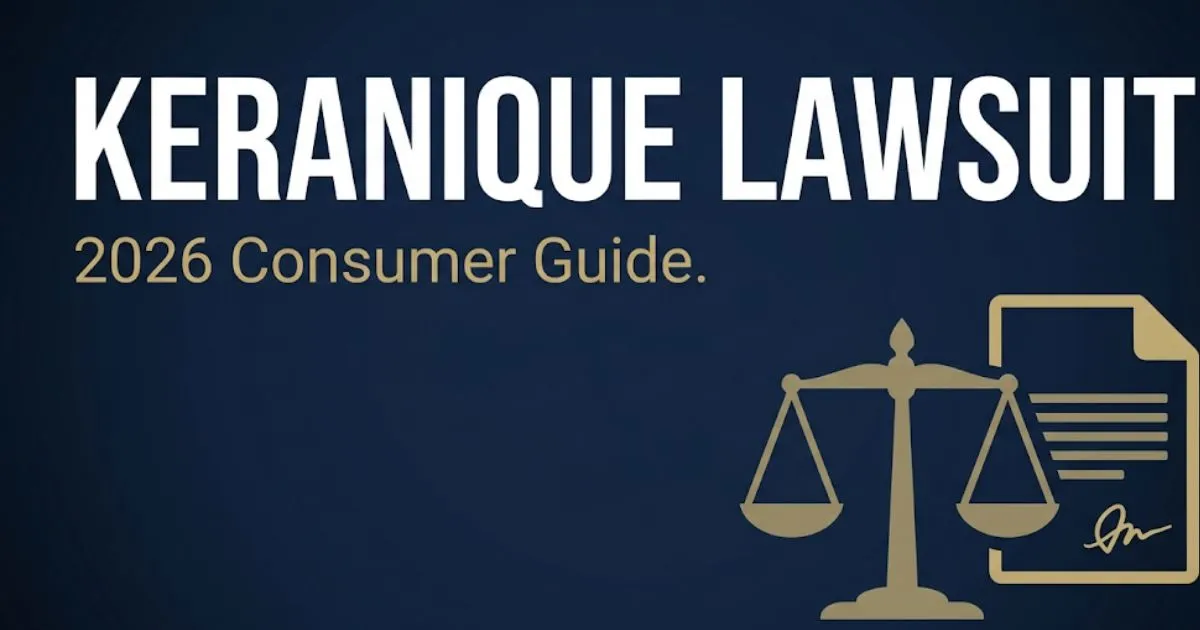 Keranique lawsuit 2026 consumer guide banner with legal scale icons on navy background