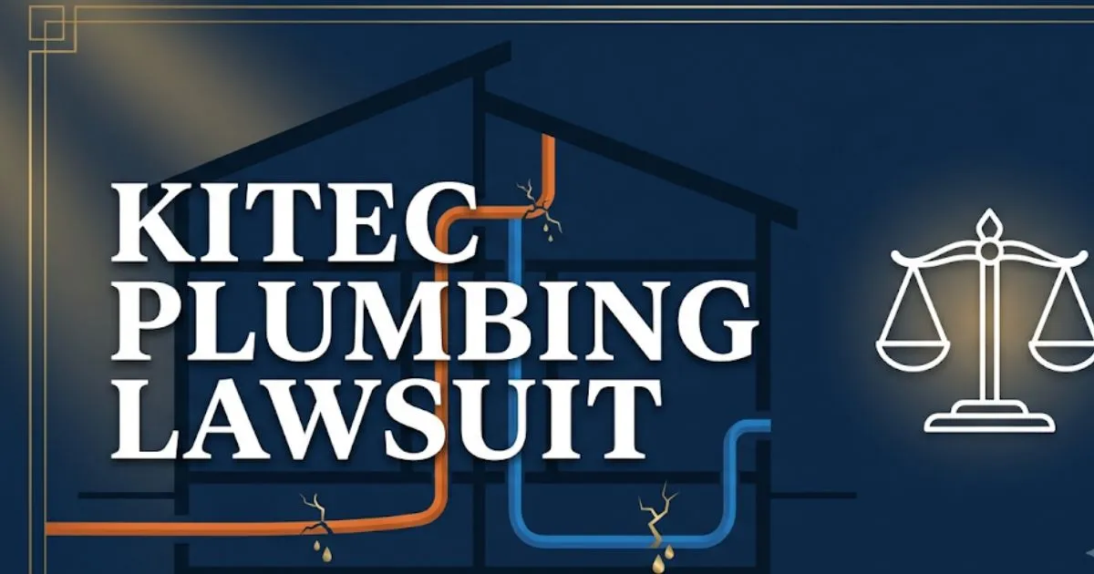Kitec plumbing lawsuit hero banner showing home pipe silhouette, legal scales, and bold lawsuit title text on navy background.