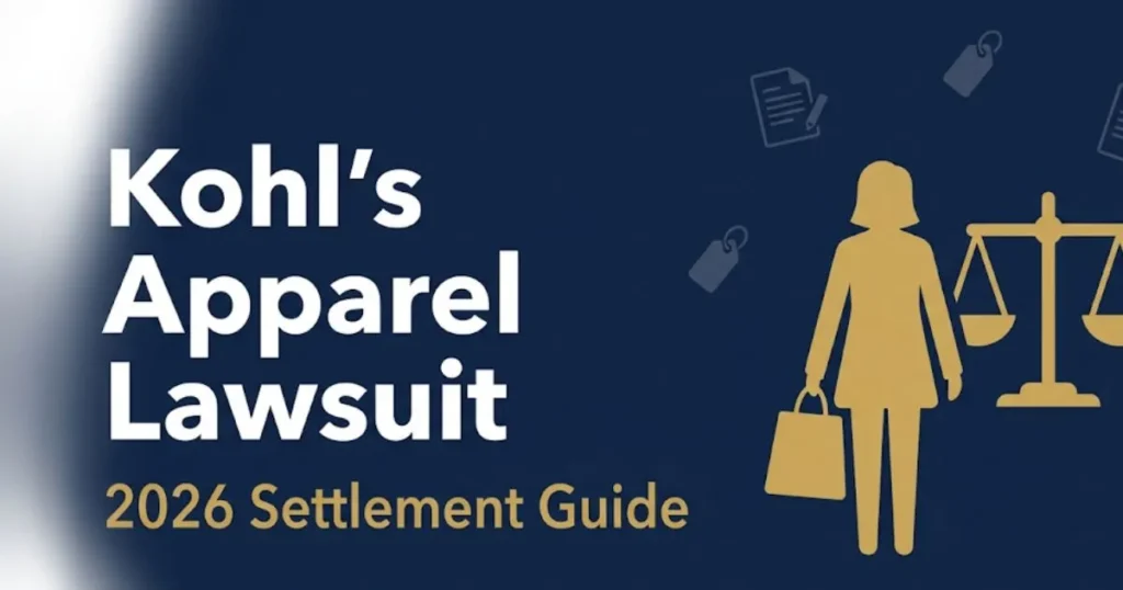 Kohl's apparel lawsuit 2026 settlement guide banner with legal scale icon and shopping silhouette on navy background