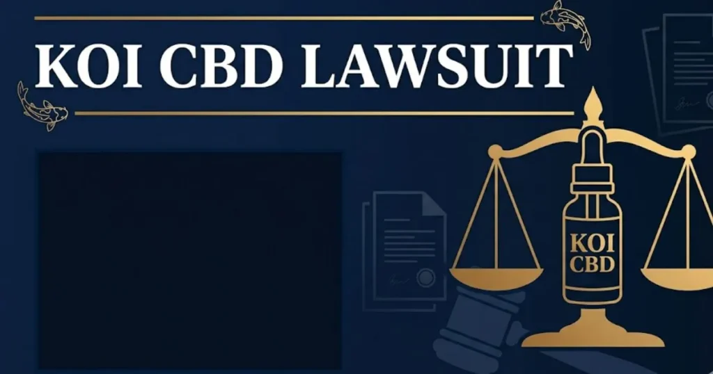 Koi CBD lawsuit 2026 legal guide banner with scales of justice and CBD bottle silhouette