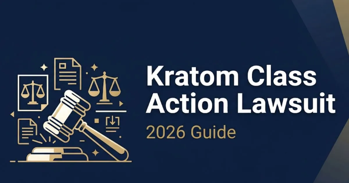 Kratom class action lawsuit 2026 guide banner with gavel and legal symbols
