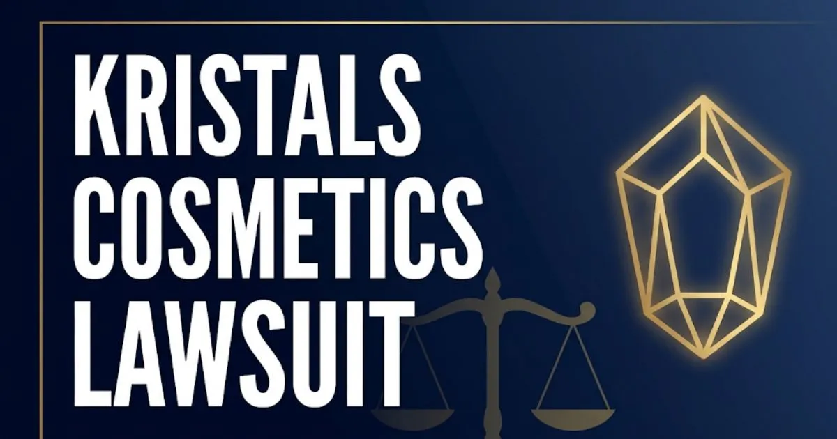 Kristals Cosmetics Lawsuit 2026 settlement guide banner with legal scale and crystal icon on navy background