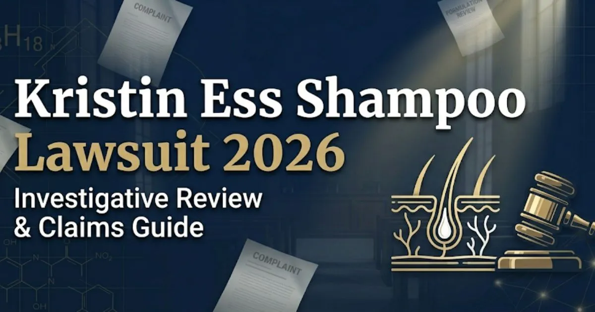Kristin Ess Shampoo Lawsuit 2026 banner with legal theme, hair follicle icon, and gavel on navy background.