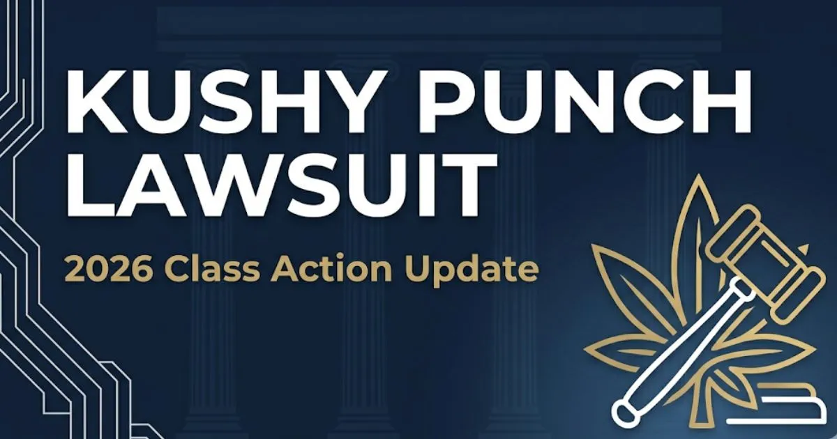 Kushy Punch lawsuit 2026 hero banner with legal gavel and cannabis leaf icons on navy background