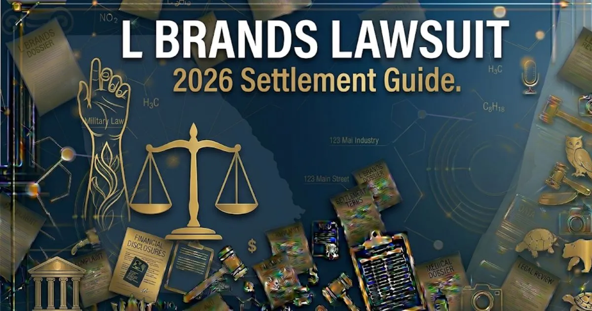 L Brands lawsuit 2026 settlement guide banner with legal scales silhouette on navy background