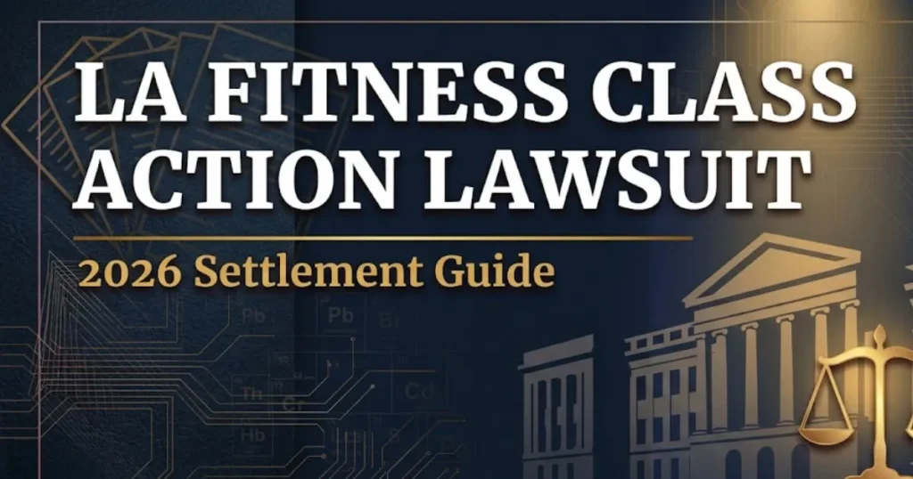 LA fitness class action lawsuit 2026 settlement guide banner with courthouse silhouette and legal scales on navy background