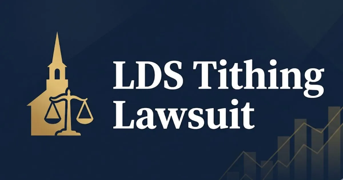 LDS tithing lawsuit 2026 blog banner with legal scales and church steeple icons on navy background