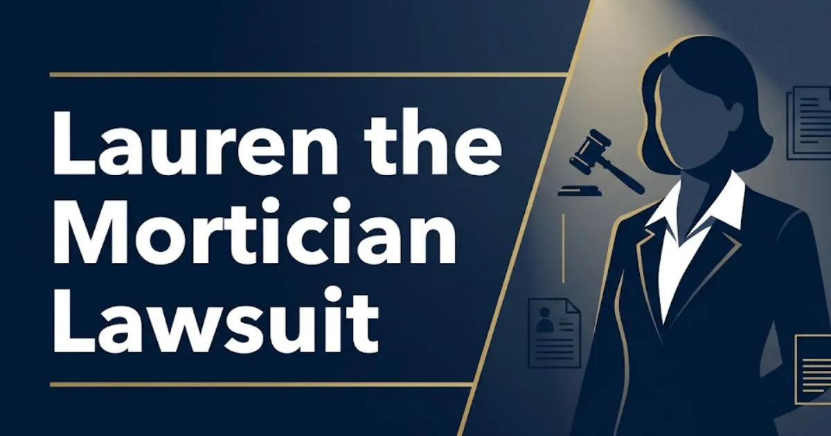 Lauren the Mortician lawsuit 2026 update banner with legal gavel and silhouette on navy background
