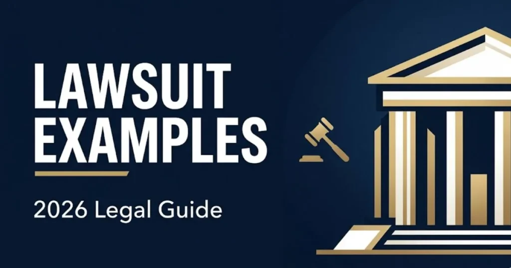 Lawsuit examples 2026 legal guide banner with courthouse silhouette, gavel icon, and bold headline text on navy background.