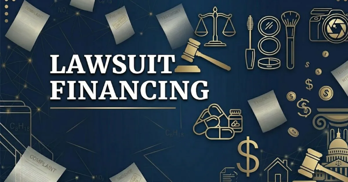 Lawsuit financing guide banner with legal icons and bold headline text for 2026