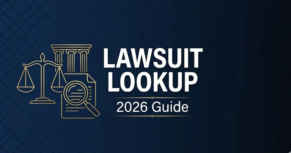 Lawsuit lookup 2026 guide banner with legal icons and search theme