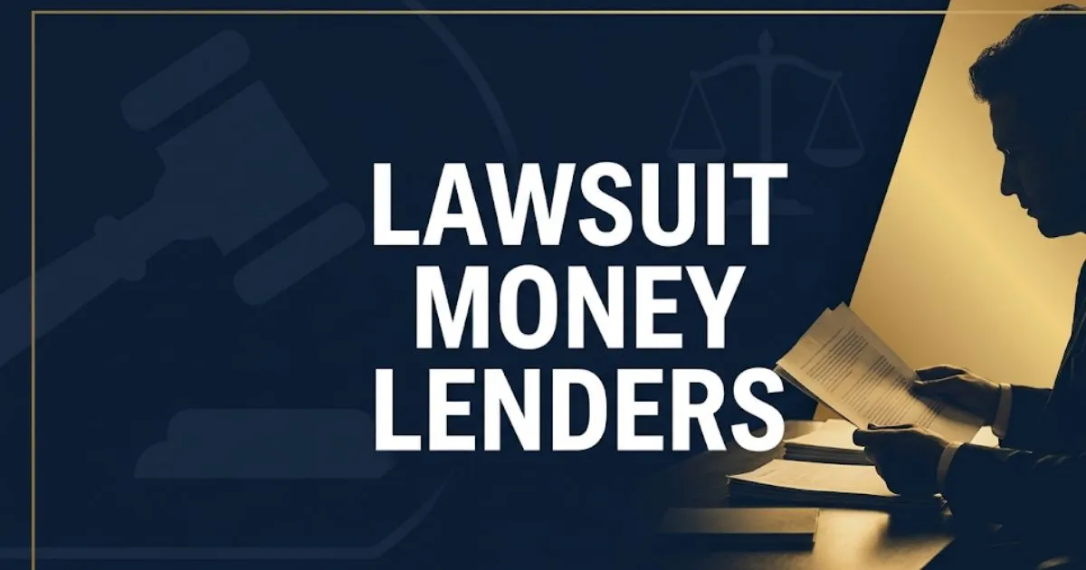 Lawsuit money lenders guide banner with legal symbols and gold accents on navy background