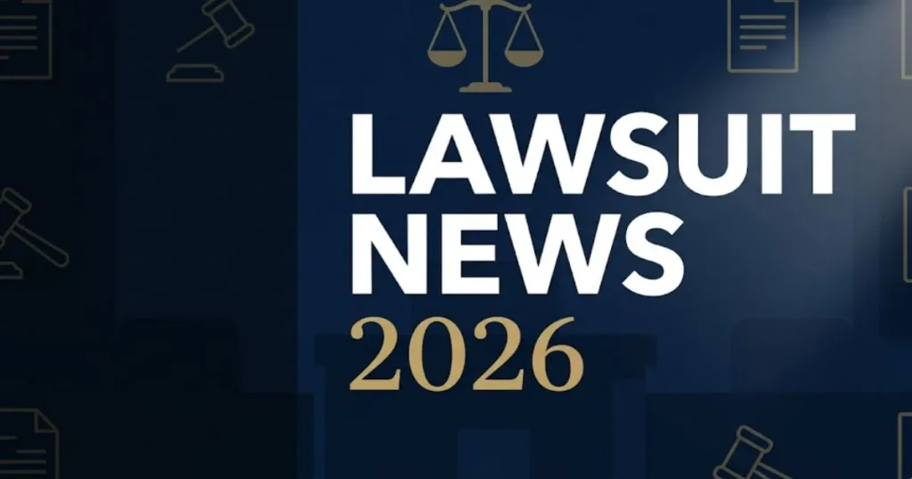 Lawsuit news 2026 blog banner with legal icons, scales of justice, and bold headline on deep navy background