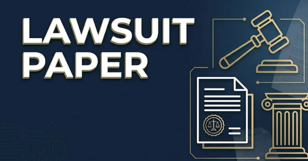 Lawsuit paper 2026 guide banner showing legal documents, gavel silhouette, and courthouse icons on navy background