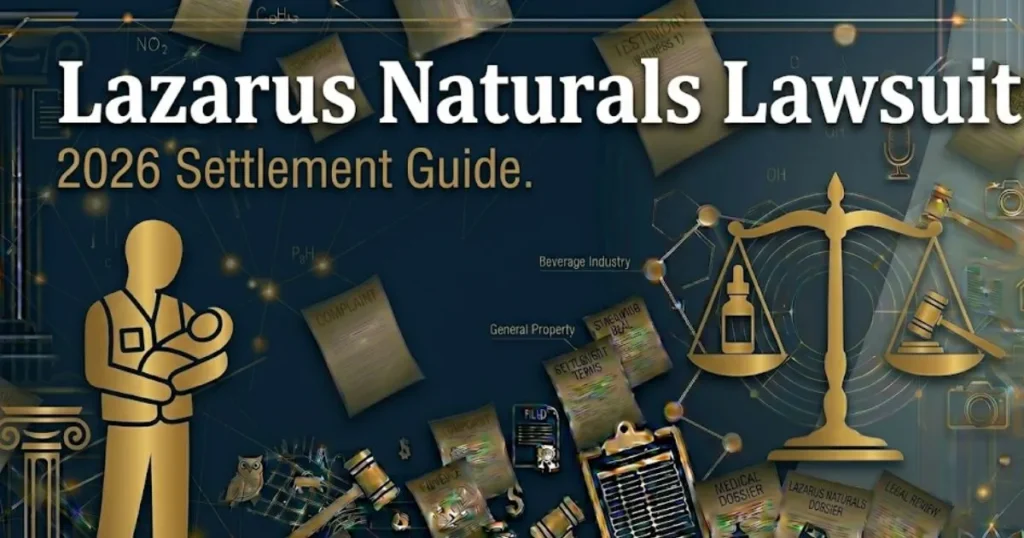 Lazarus Naturals Lawsuit 2026 banner showing legal scale and CBD bottle icons on deep navy background