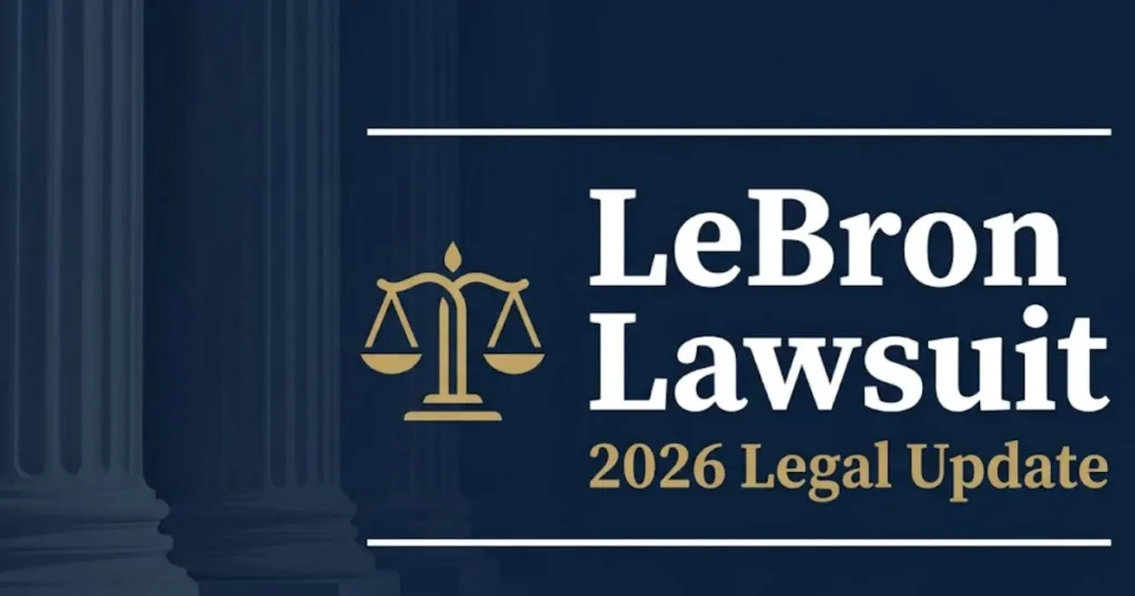 LeBron lawsuit 2026 legal update blog banner with scales of justice icon on navy background