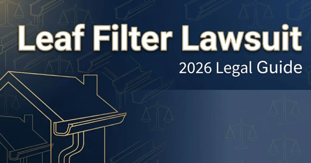 Leaf filter lawsuit 2026 legal guide banner with gutter silhouette and gold legal scales on navy background