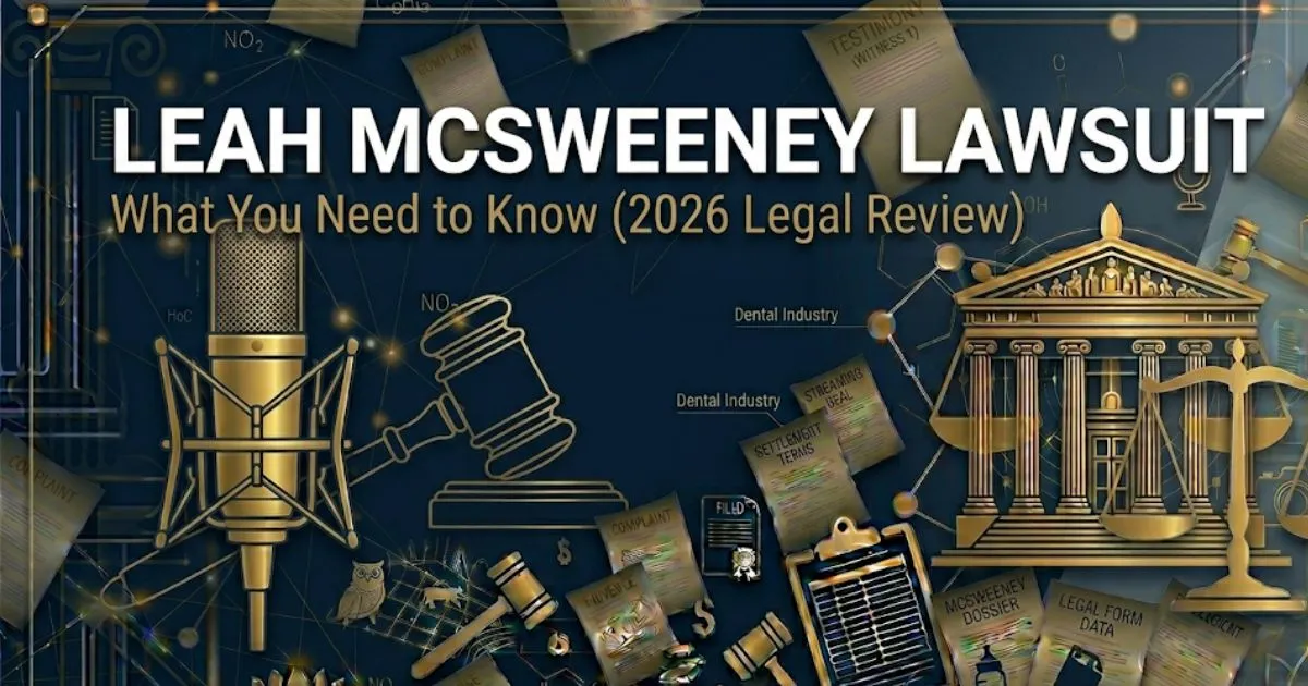 Leah McSweeney lawsuit 2026 editorial banner with legal scales and courthouse silhouette on navy background