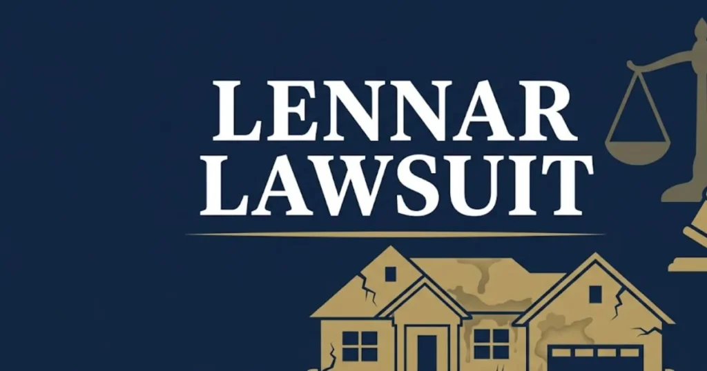 Lennar lawsuit 2026 blog banner with cracked home silhouette and legal symbols on navy background