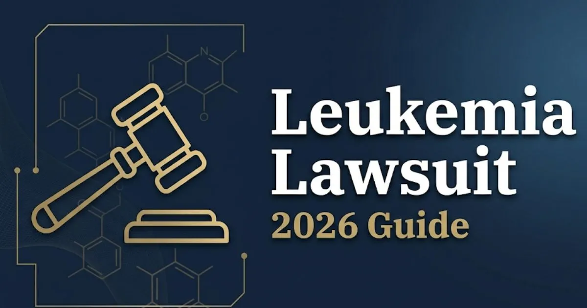 Leukemia lawsuit 2026 guide banner with gavel and chemical symbols on navy background