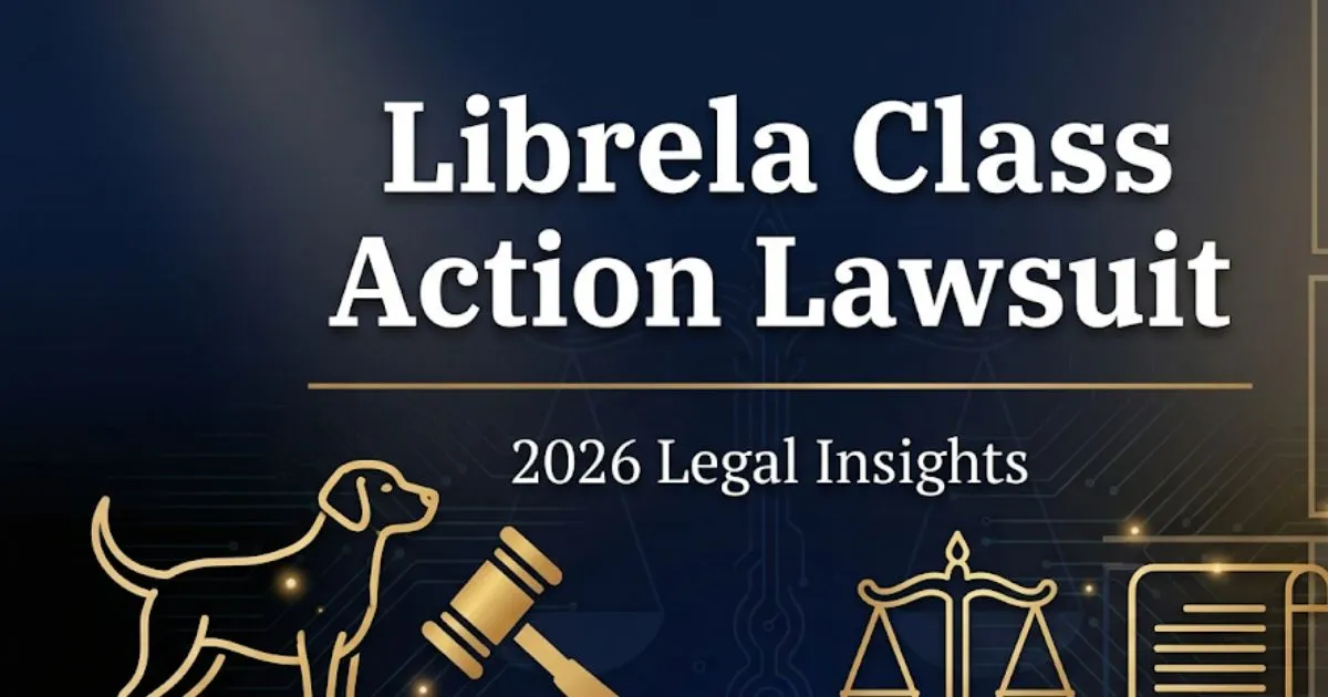 Librela class action lawsuit 2026 banner with gavel, scales of justice, and dog silhouette