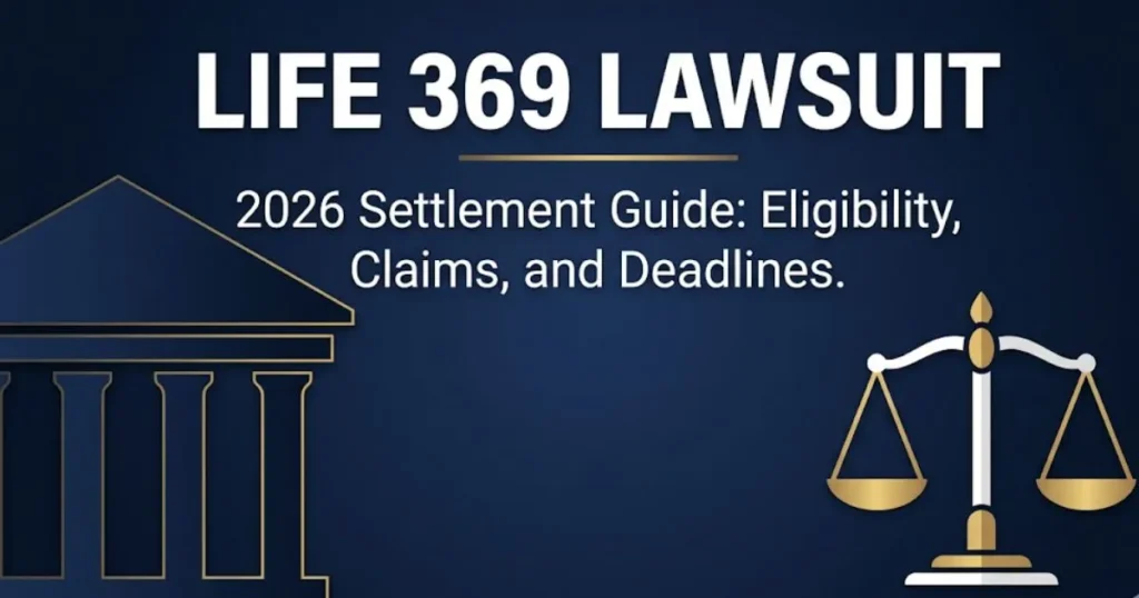 Life 369 lawsuit 2026 settlement guide banner with courthouse silhouette and scales of justice on navy background