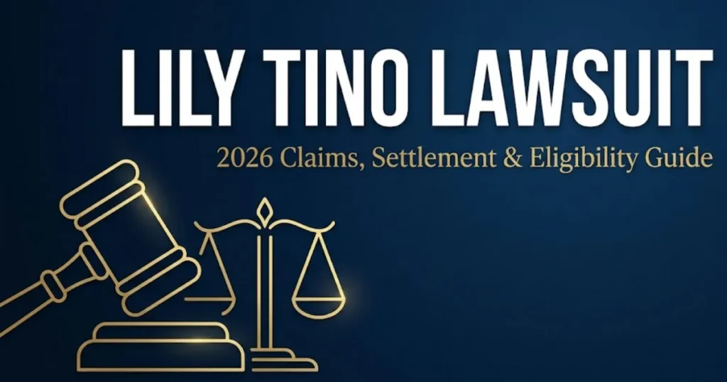Lily tino lawsuit 2026 banner with legal gavel and scales of justice on navy background