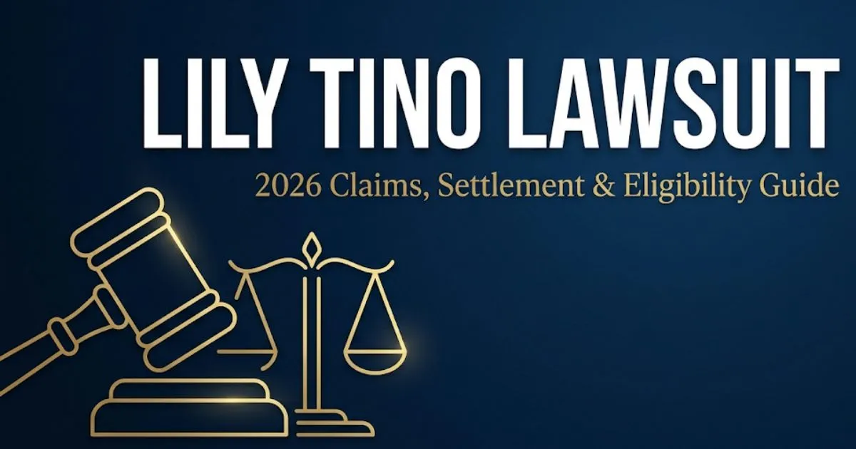 Lily tino lawsuit 2026 banner with legal gavel and scales of justice on navy background