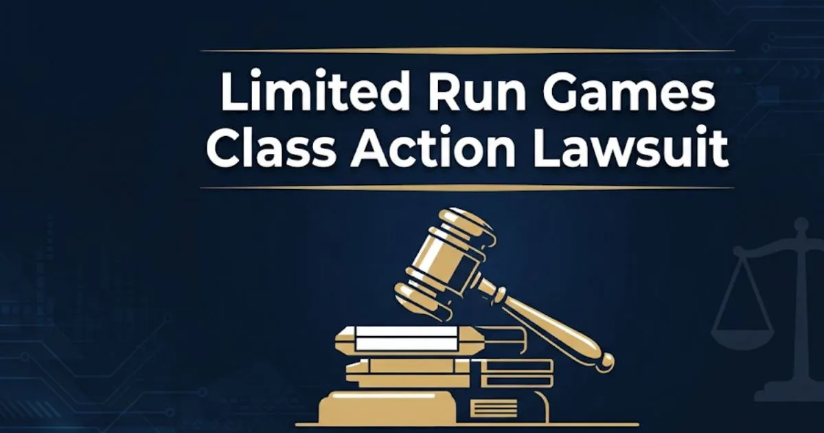 Limited Run Games class action lawsuit 2026 guide with gavel and game cartridge graphic