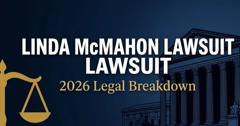 Linda McMahon lawsuit 2026 legal breakdown banner featuring courthouse silhouette and legal scales on navy background