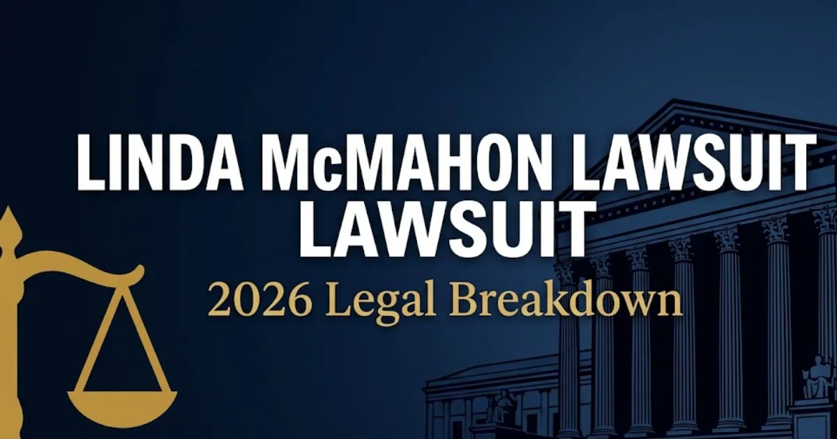 Linda McMahon lawsuit 2026 legal breakdown banner featuring courthouse silhouette and legal scales on navy background