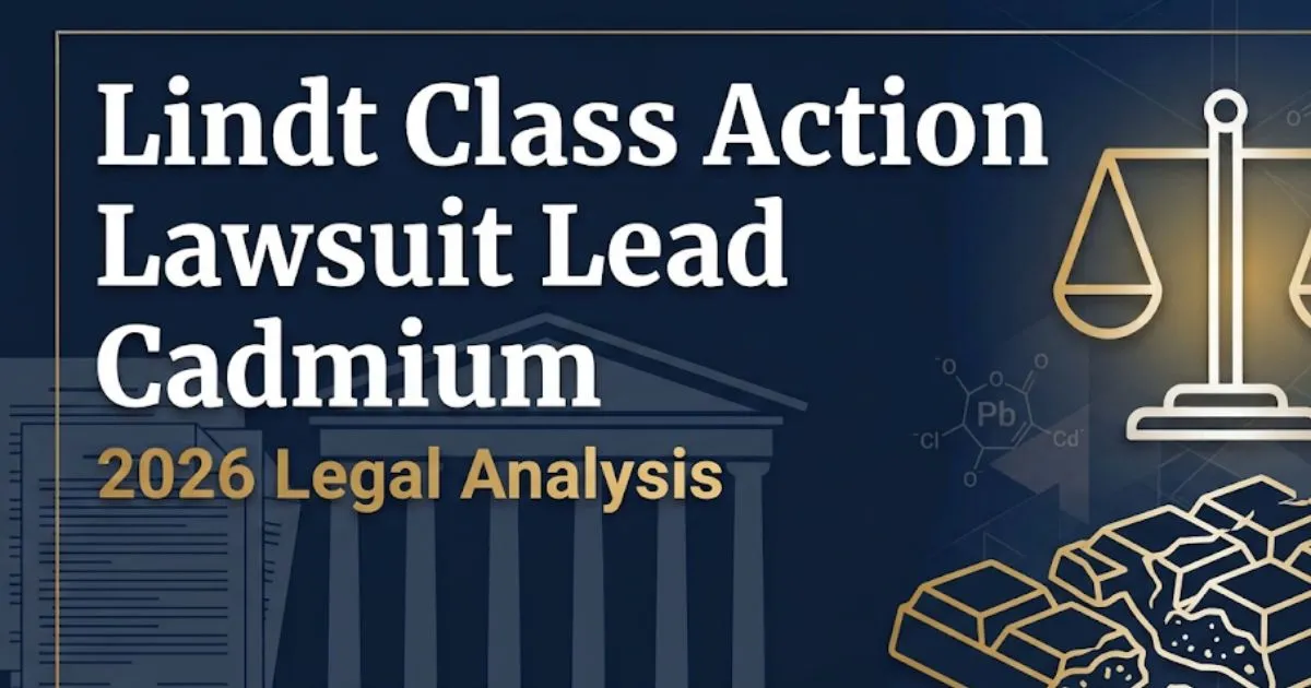 Lindt class action lawsuit lead cadmium 2026 hero banner with legal scale and dark chocolate bar graphic MAIN KEYWORD {{lindt class action lawsuit lead cadmium}} CLUSTER KEYWORDS {{paste clus