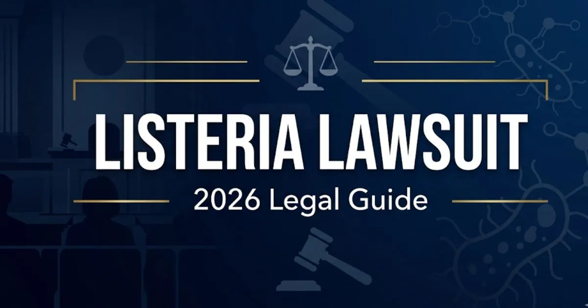 Listeria lawsuit 2026 legal guide banner with gavel and scales of justice