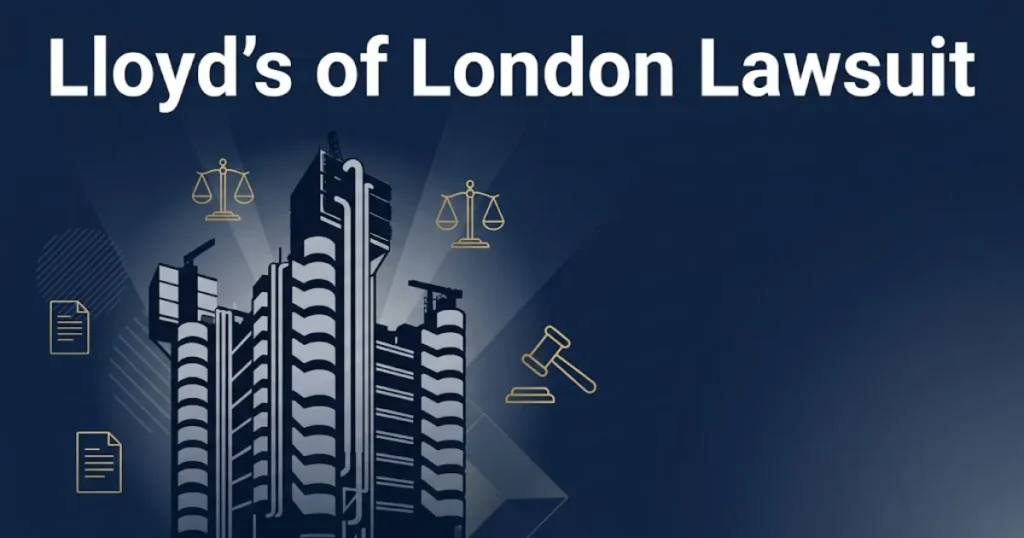 Lloyd's of London lawsuit banner with legal symbols and building silhouette in navy and gold