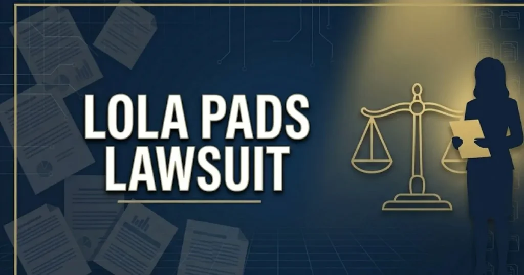 Lola pads lawsuit 2026 hero banner with legal scales and settlement information headline in navy and gold