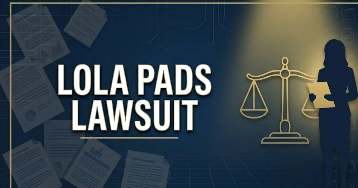 Lola pads lawsuit 2026 hero banner with legal scales and settlement information headline in navy and gold