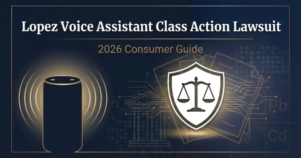 Lopez voice assistant class action lawsuit 2026 guide banner with smart speaker silhouette and legal scales on navy background