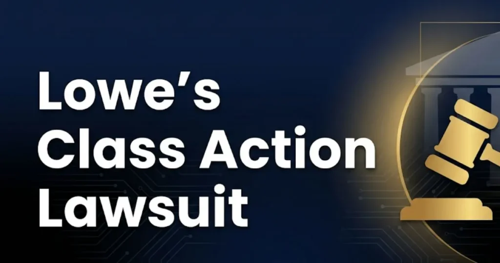 Lowe's class action lawsuit 2026 guide banner with legal gavel and courthouse silhouette on navy background